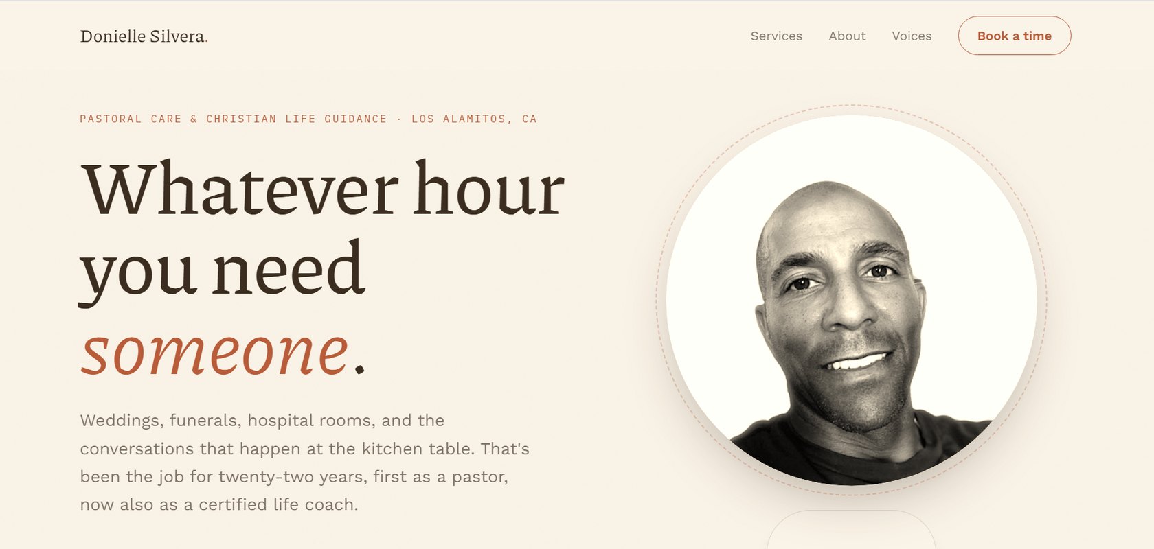 The Donielle Silvera homepage: the headline Whatever hour you need someone, beside a portrait, above a line about weddings, funerals and hospital rooms