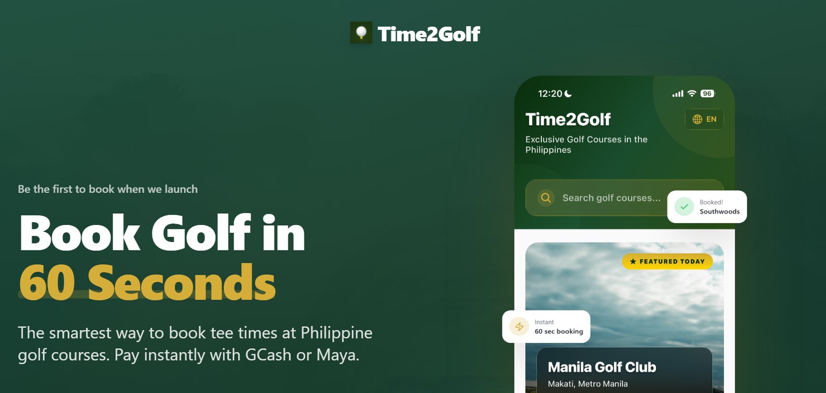 The Time2Golf launch page: the headline Book Golf in 60 Seconds beside a phone showing the app's course search and a featured Manila Golf Club listing